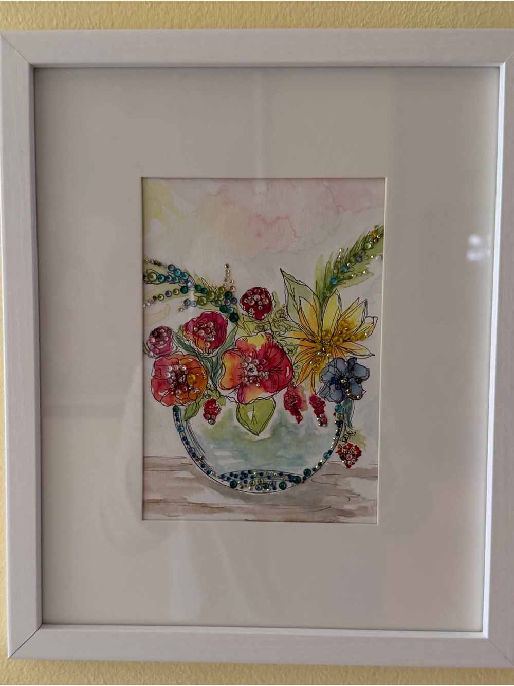 Framed hand painted  Floral Watercolor Art embellished with crystals